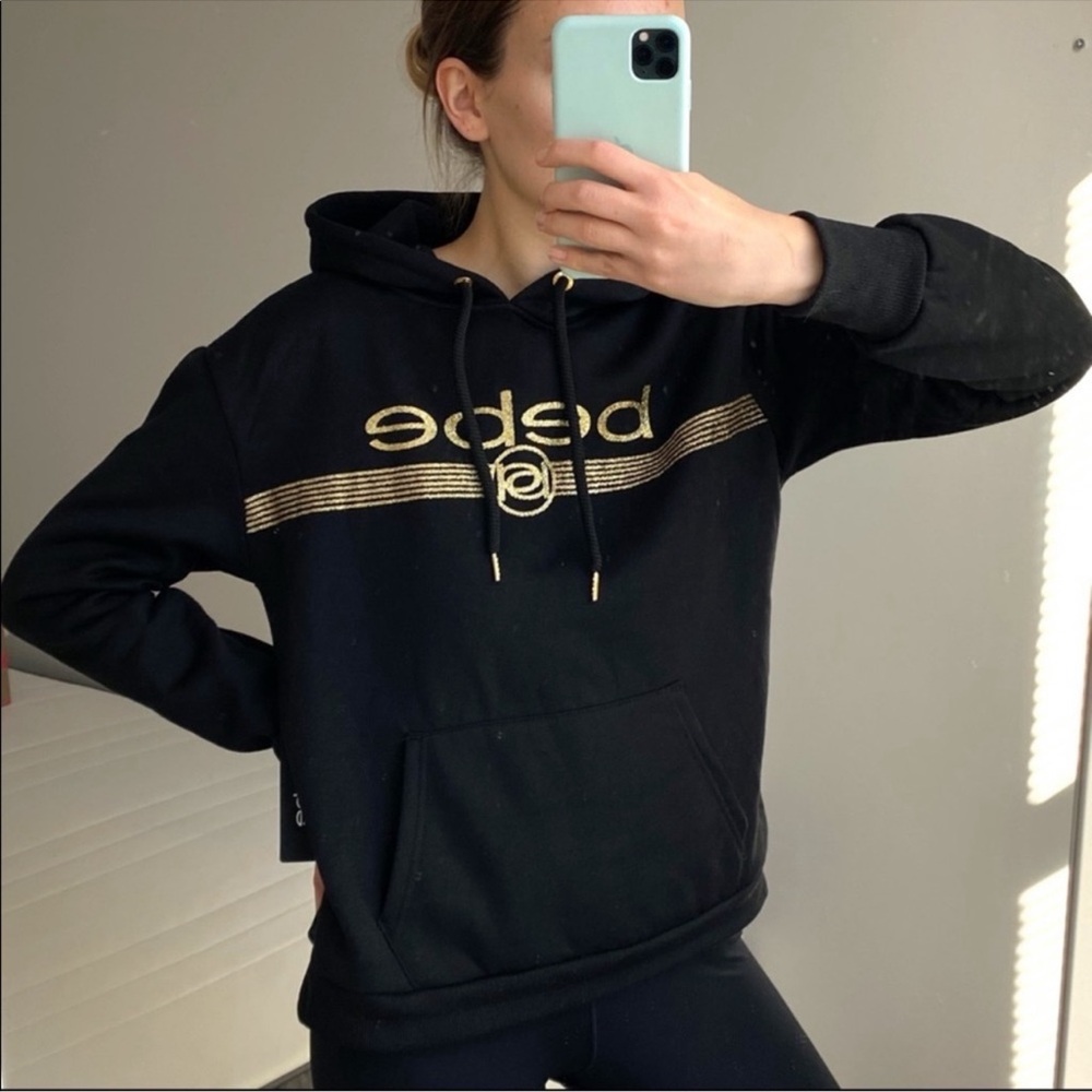 bebe Sport Long Sleeve Pullover Hoodie Sweatshirt Gold Glitter Logo Size M NWT